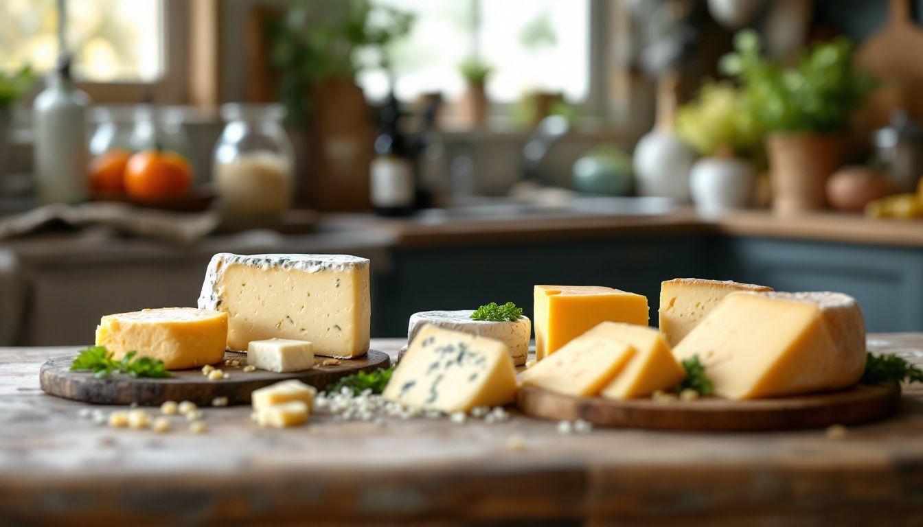 A farmhouse kitchen table displays a vibrant selection of Italian cheeses.