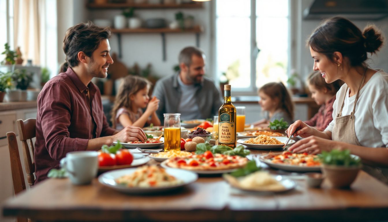 A rustic kitchen with a wooden dining table filled with colorful Italian dishes.