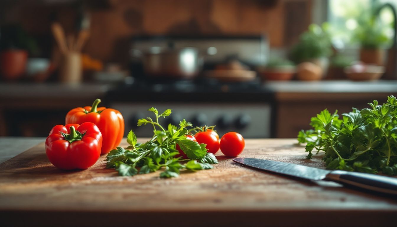 Fresh ingredients on cutting board, pot simmering on stove in rustic kitchen.