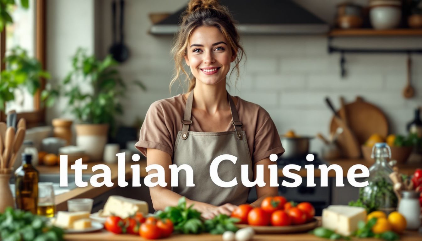 A woman prepares rustic Italian meal in cozy kitchen.