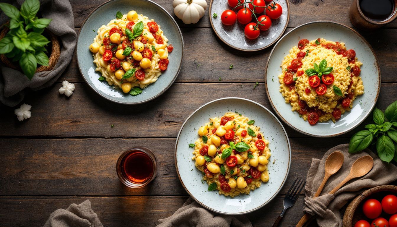 A table with Italian first courses of risotto, gnocchi, and polenta.