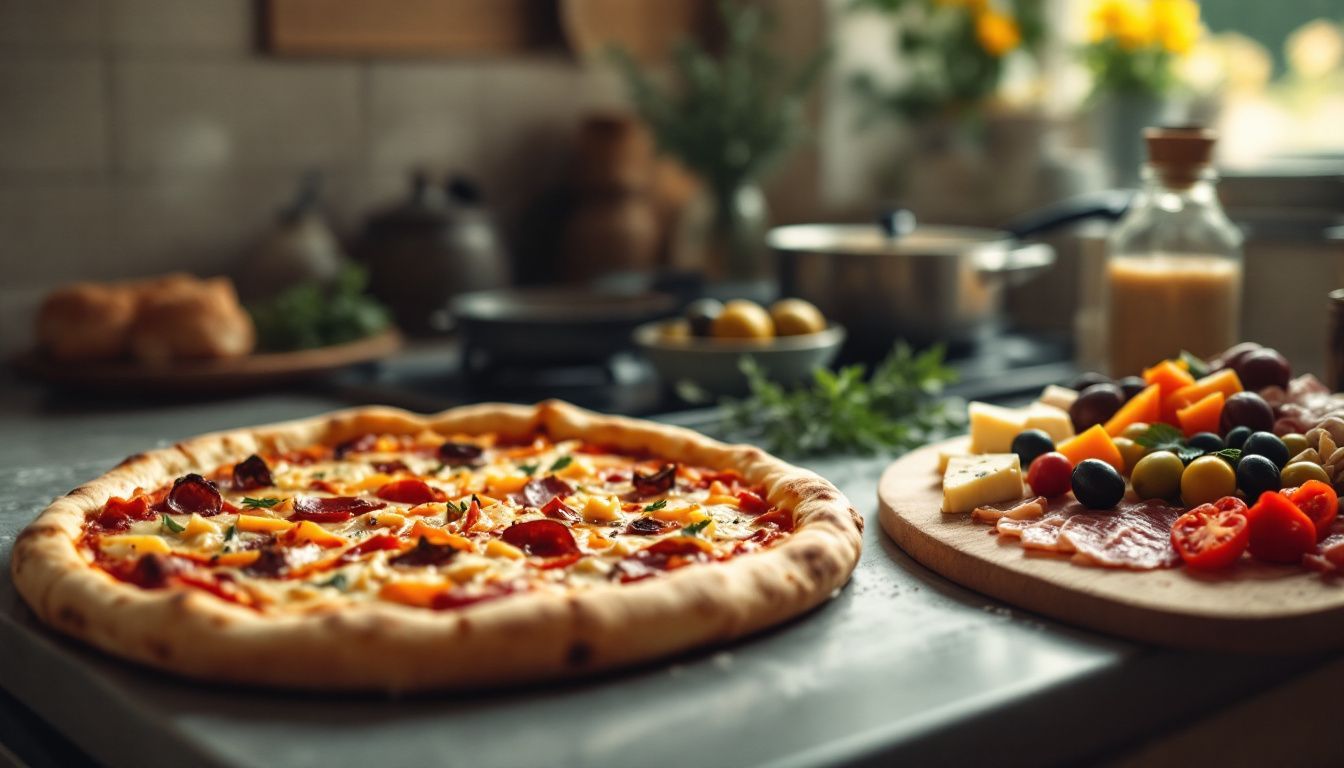 A rustic kitchen with freshly baked pizza, simmering risotto, and antipasti board.