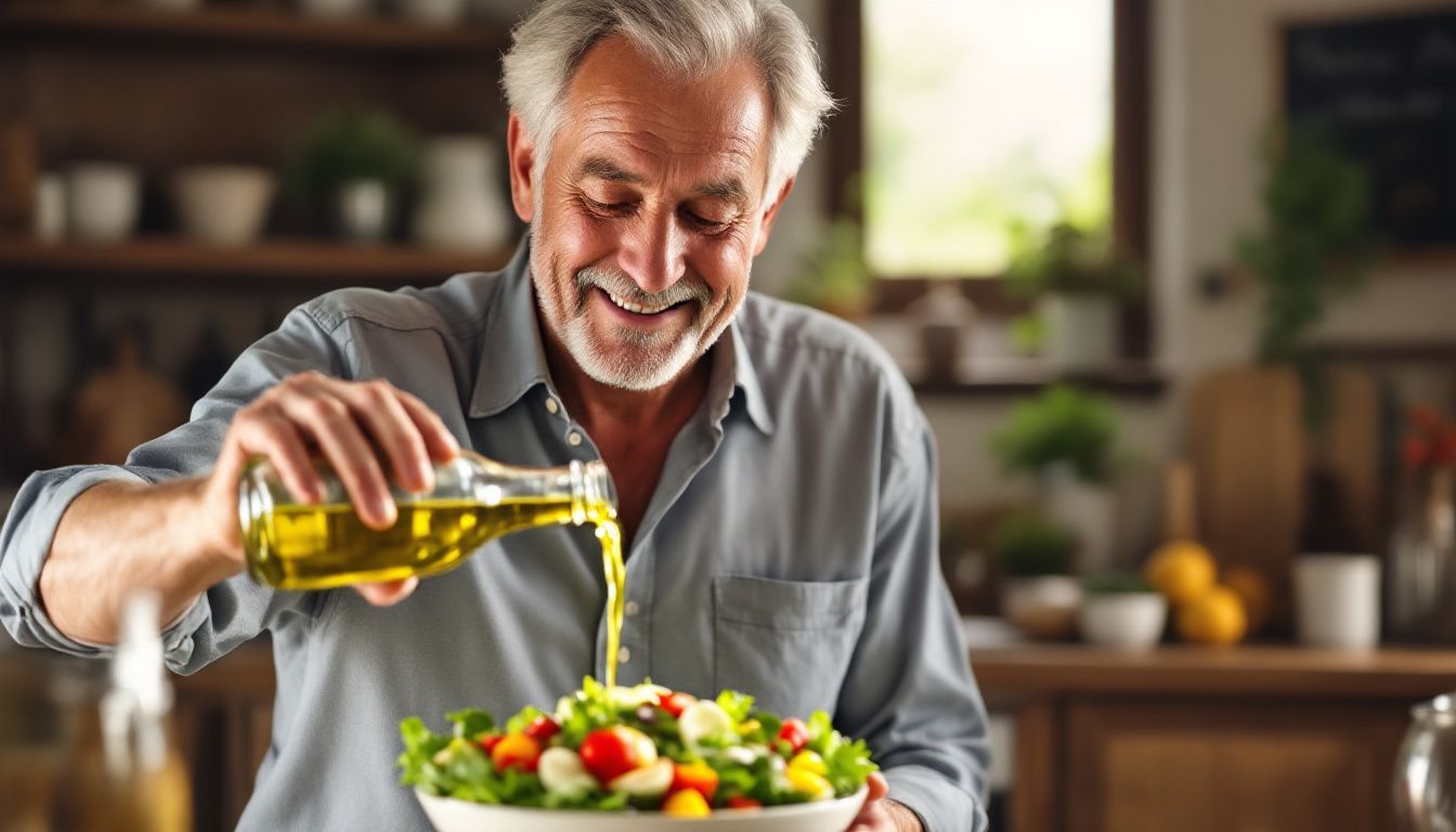 Elderly man pouring olive oil on a fresh green salad in a cozy Italian kitchen.