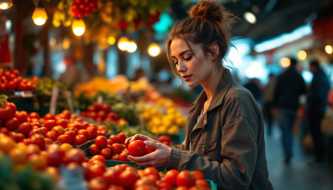 A woman selects fresh San Marzano tomatoes at an Italian market.