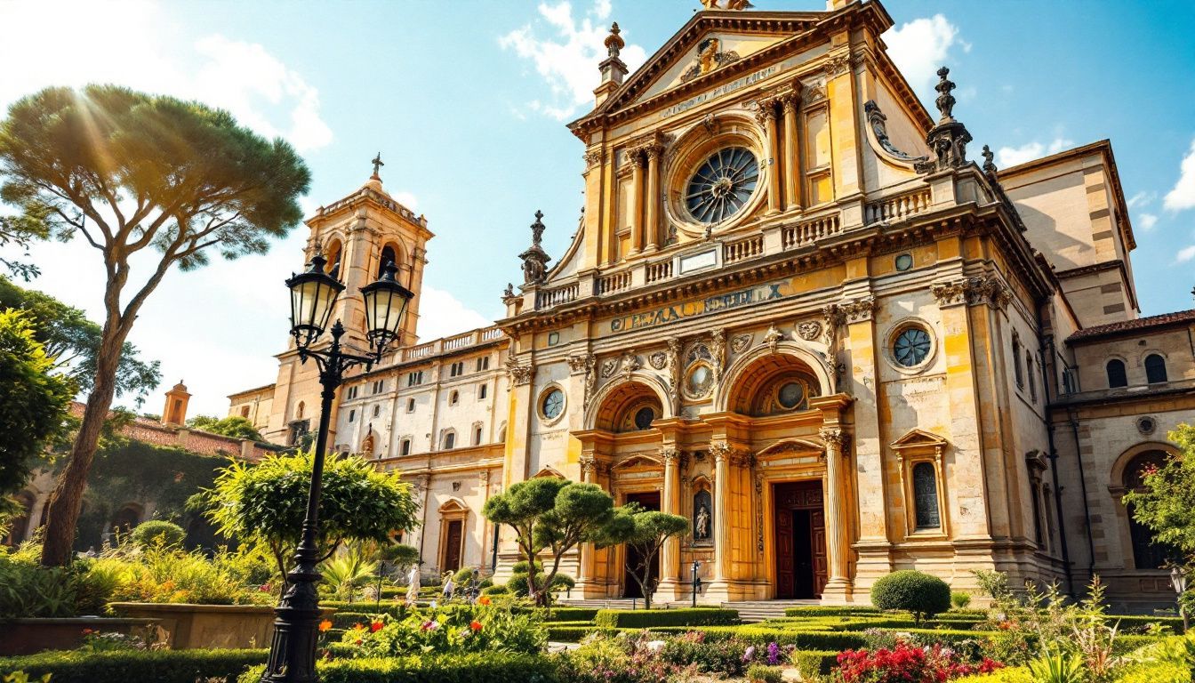 The image features an ancient Italian cathedral with Baroque architecture.