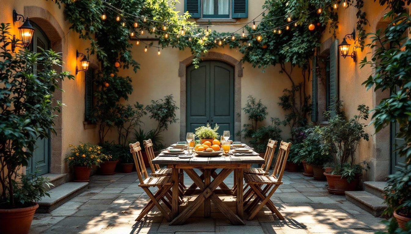 A rustic courtyard with a set dining table and potted plants.