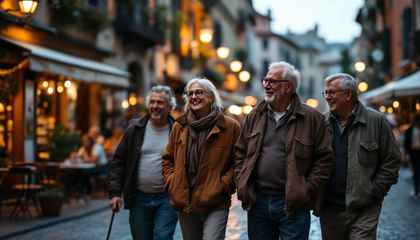 A group of middle-aged locals chatting while strolling down a cobblestone street.