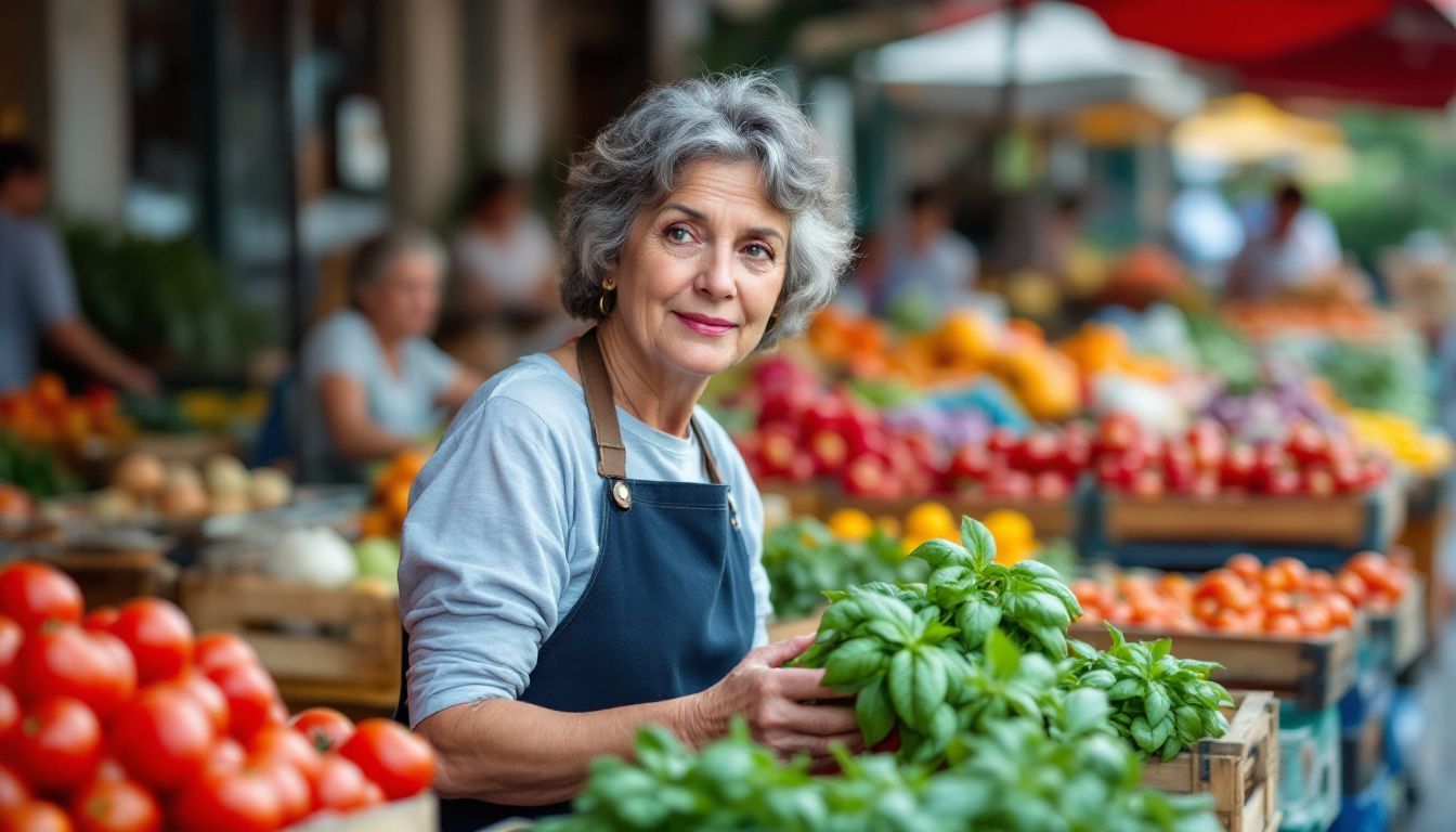 A woman shopping for fresh produce at an outdoor market.