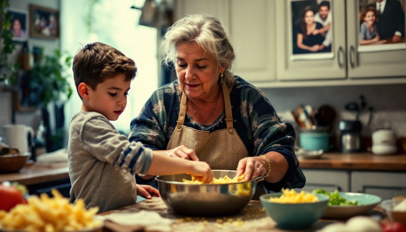 An Italian grandmother teaches her grandson how to make homemade pasta.