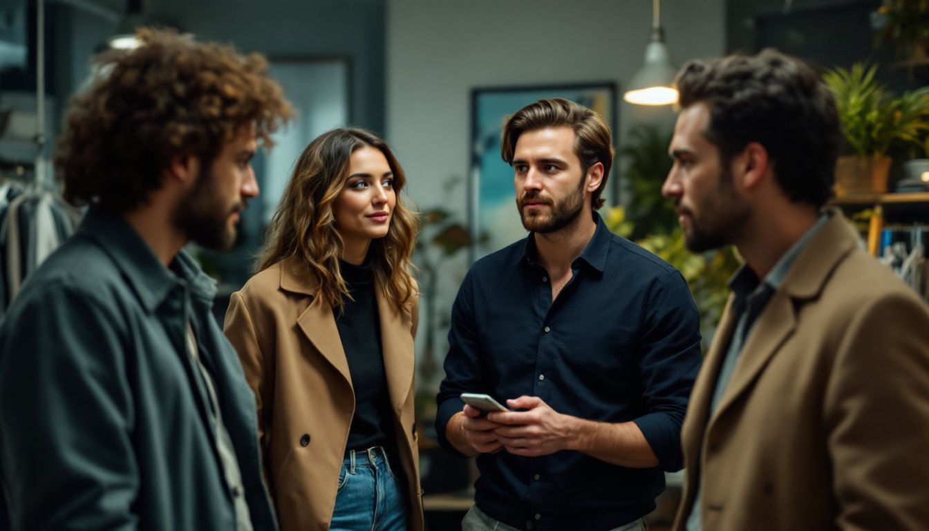 A group of Italian fashion designers discussing new designs in Milan.