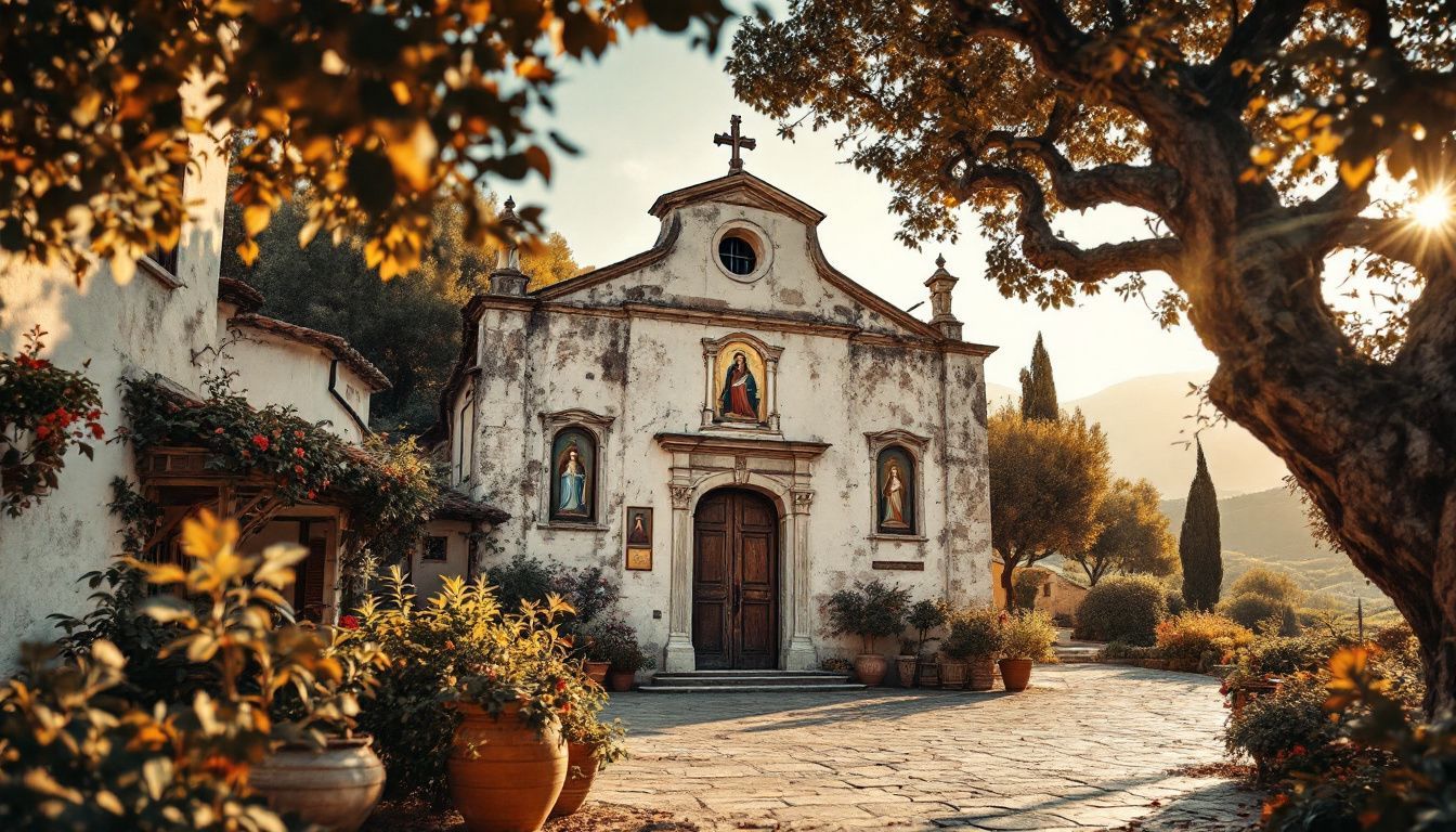 A rustic Italian church surrounded by olive groves and vineyards.