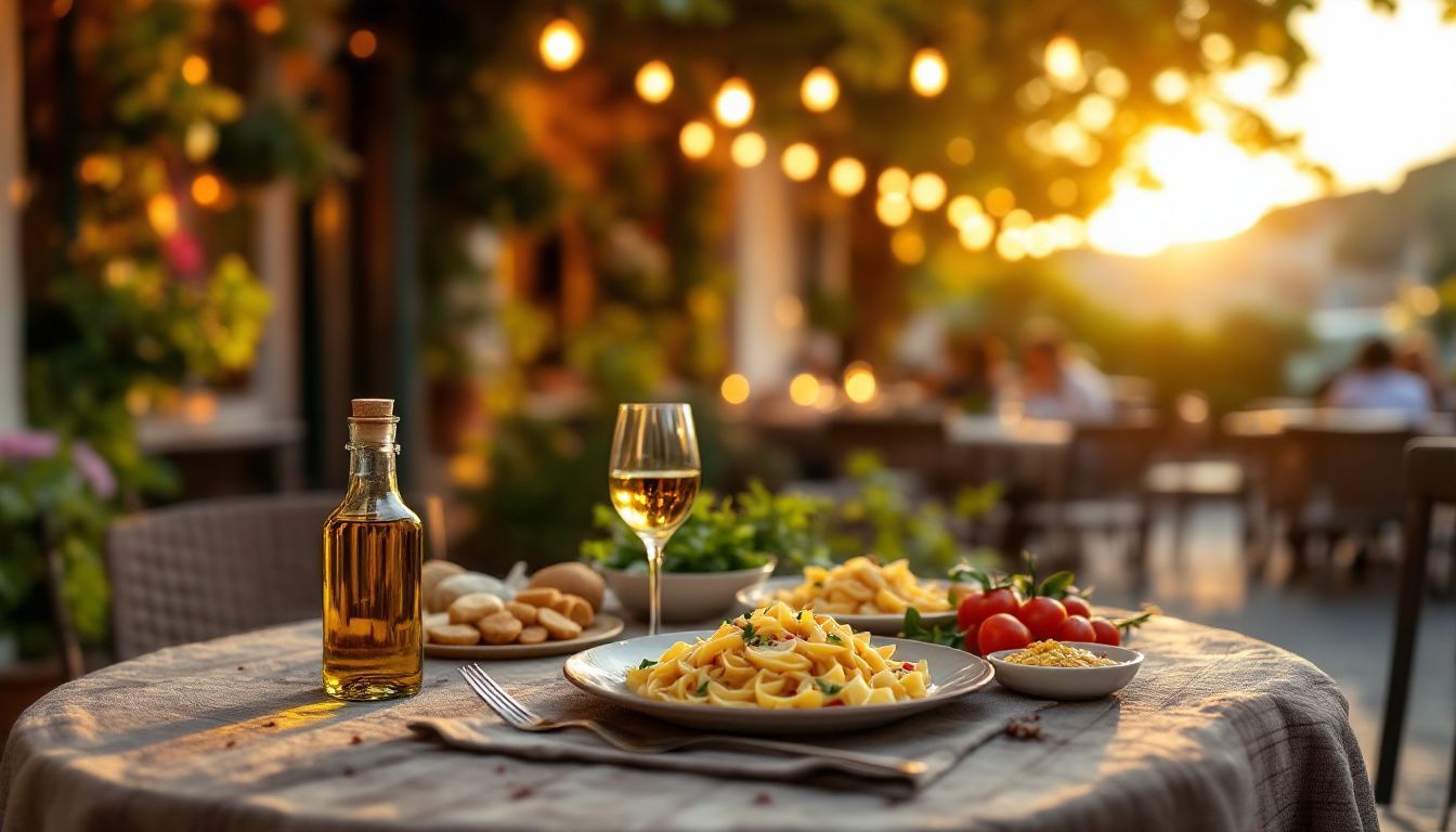 An outdoor café table in Italy at sunset, featuring fresh pasta and wine.