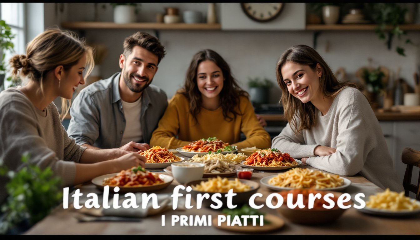 A family enjoys traditional Italian first courses together in the kitchen.