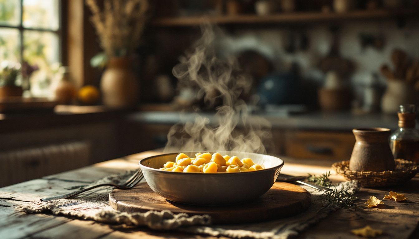 A cozy kitchen with a warm, inviting dining table set for a homemade gnocchi meal.