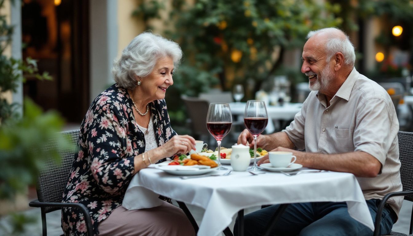 Elderly couple enjoying classic Italian meal at casual outdoor trattoria.