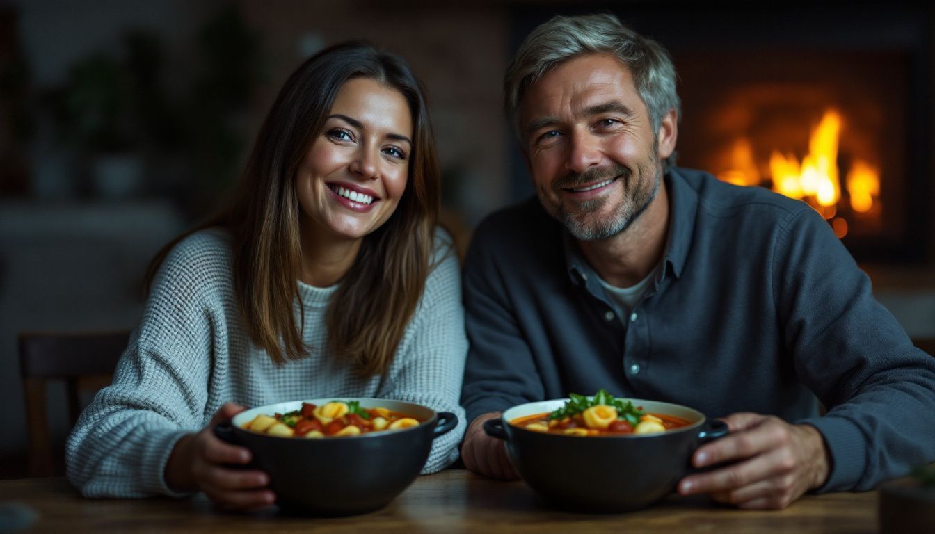 A couple eating Italian soup by a cozy fireplace.