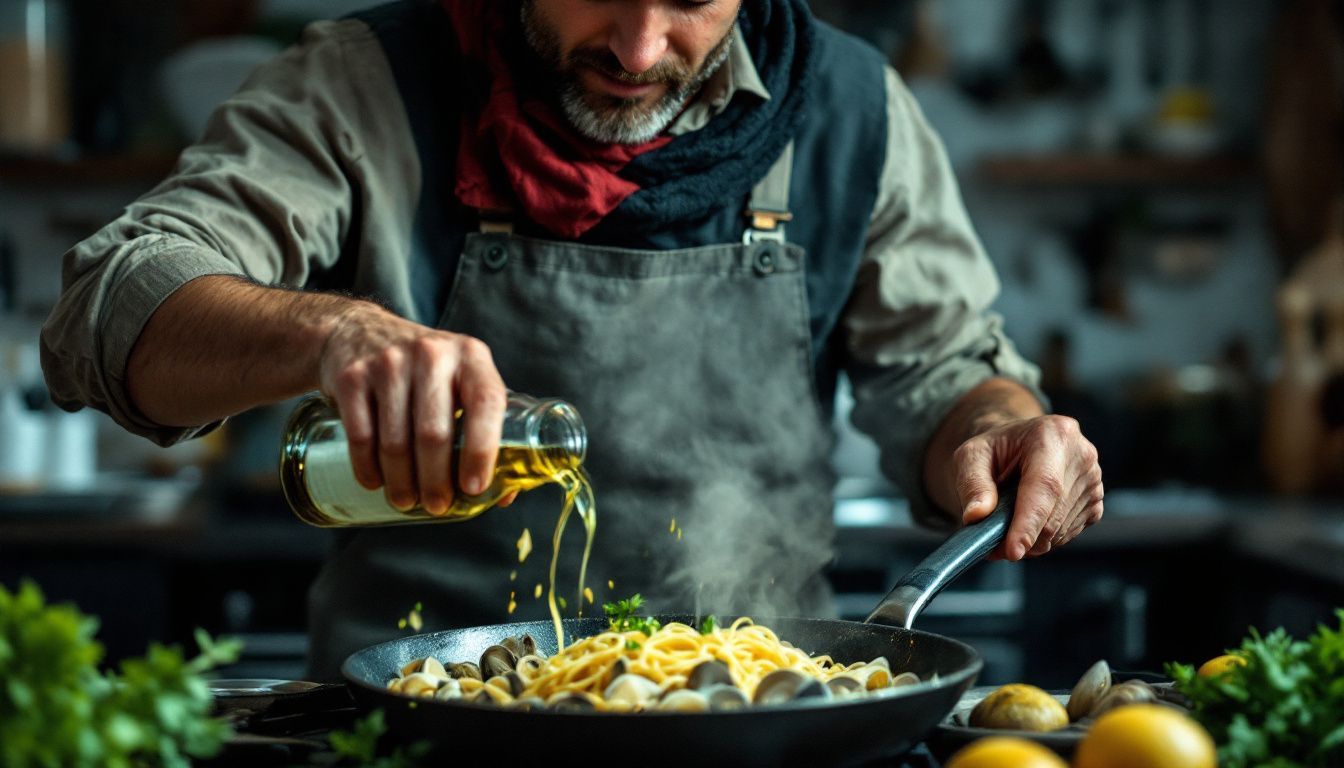 A man prepares Spaghetti alla Vongole in a rustic Italian kitchen.