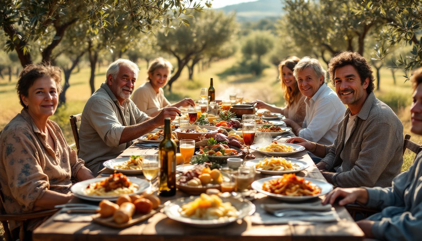 A traditional family feast in Tuscany with homemade Italian food.
