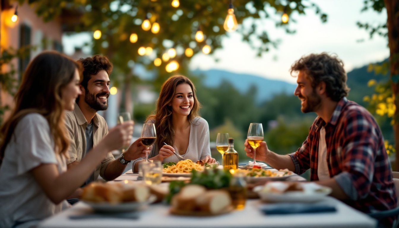 An Italian family enjoying a casual outdoor meal together.