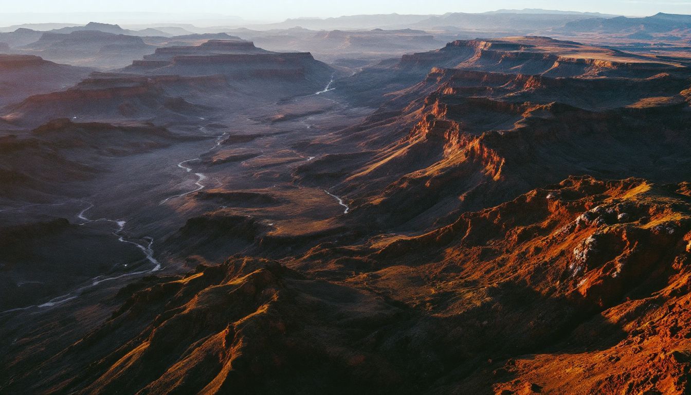 Aerial view of the Columbia Plateau with lava flows and gorges.