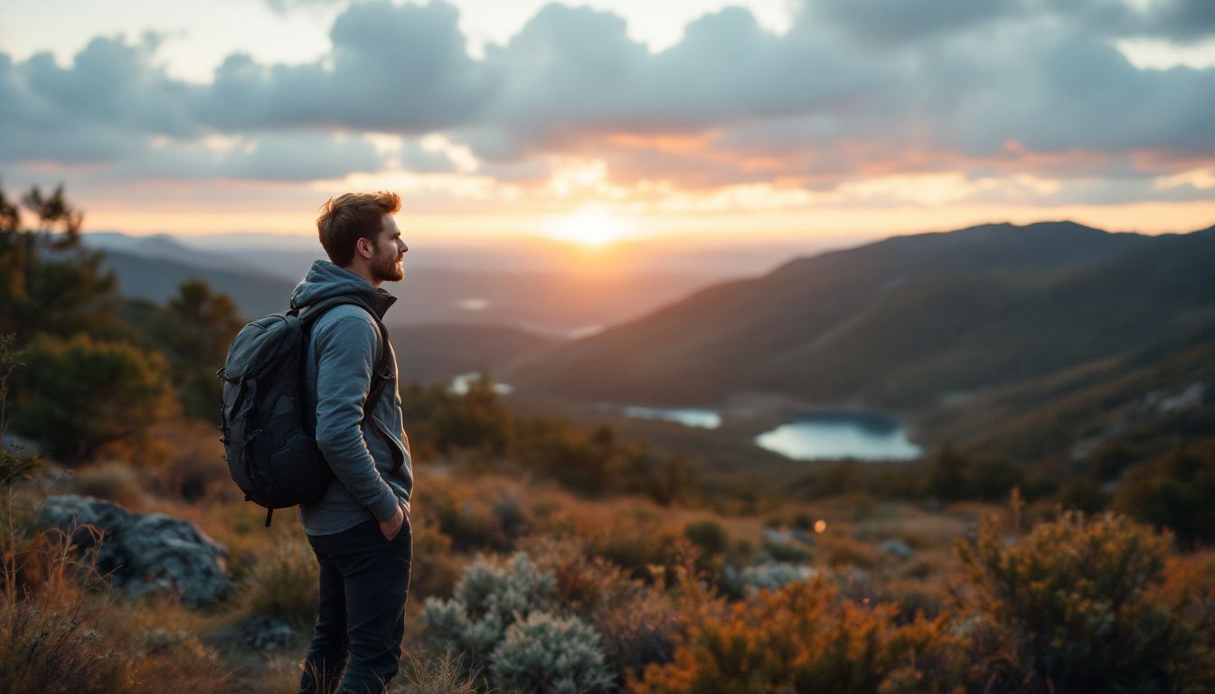 A man in his 30s hiking on a plateau during sunset.