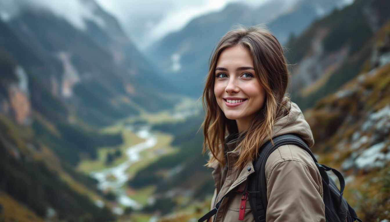A young couple in hiking gear stands on a mountain trail.