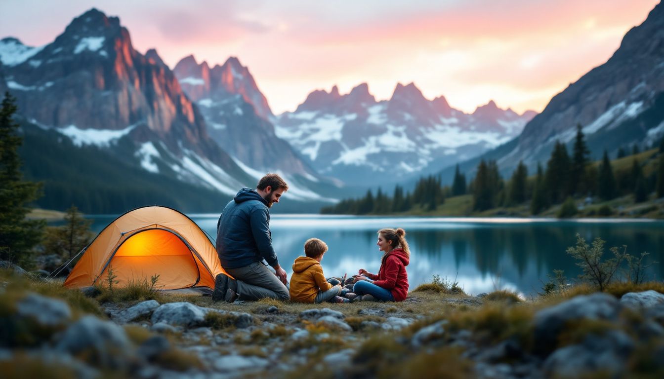 A family camping at the base of mountains, setting up a tent.