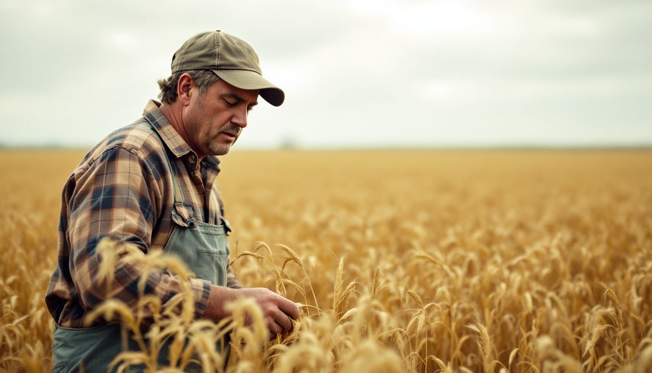 A farmer inspecting golden crops on a cloudy day in the plain.
