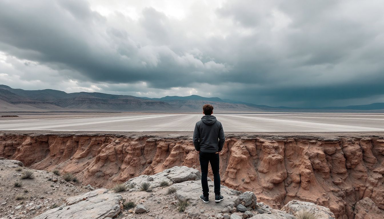 A person casually enjoys the view of a wide plateau.