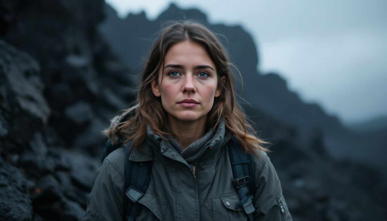 A woman stands on a rugged volcanic mountain in hiking attire.