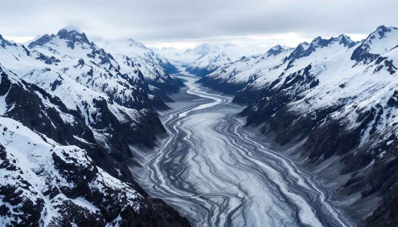 Aerial view of U-shaped glacial valley surrounded by snow-covered mountains.