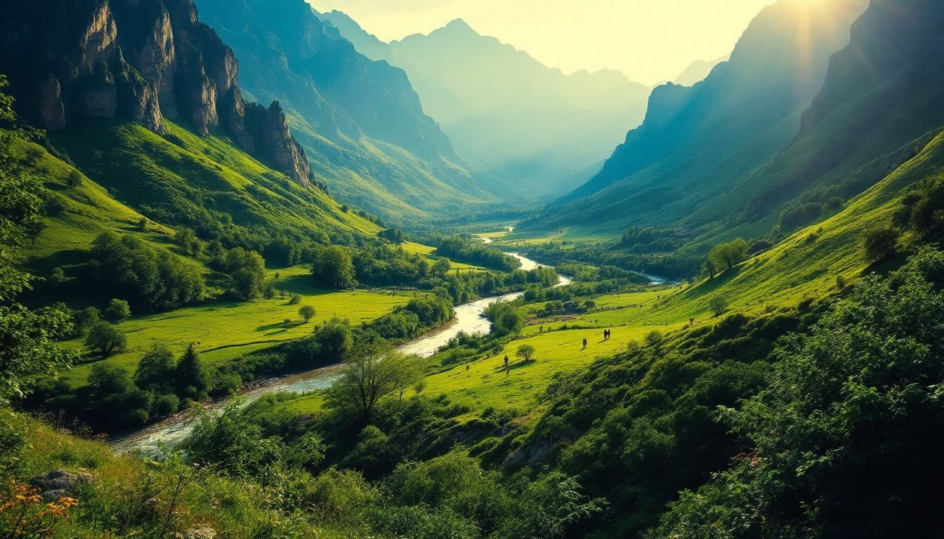 A serene valley with a winding river and towering mountains.