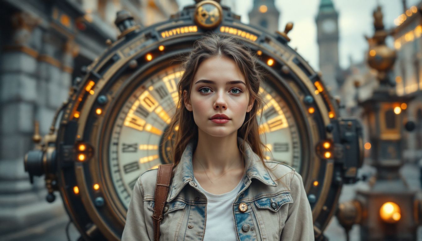 A young woman stands in front of a vintage time machine.