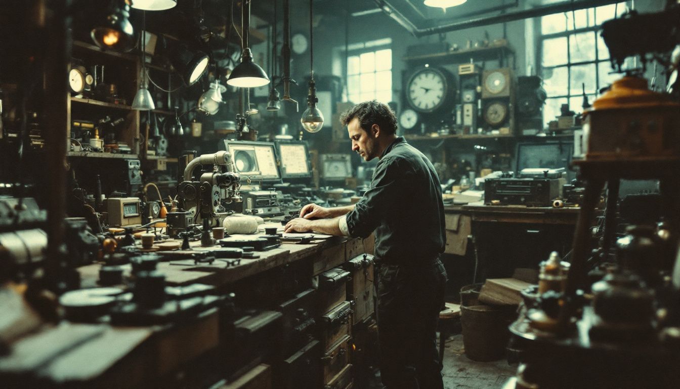 A vintage workshop with an inventor working on an unusual machine.