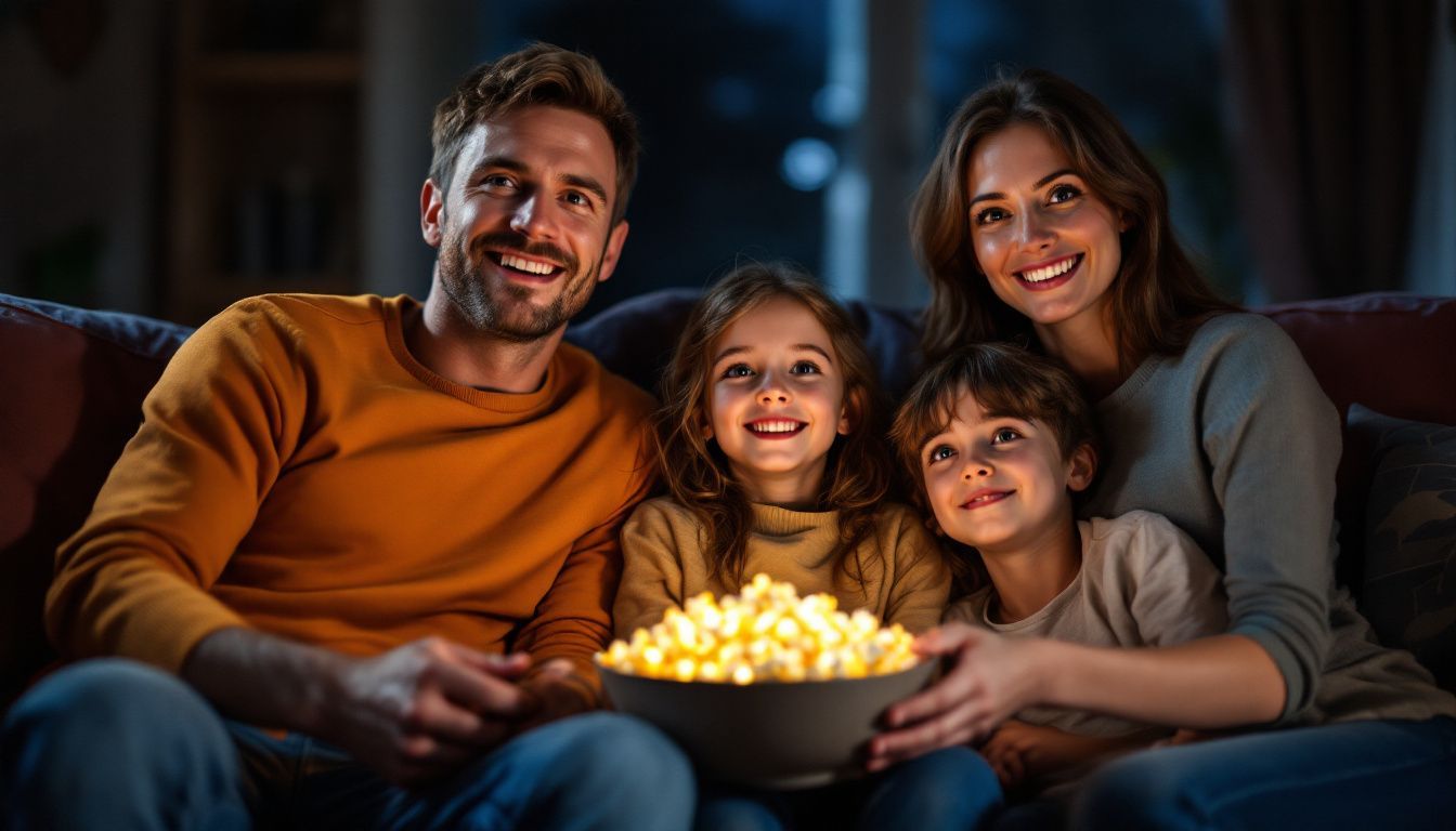 A family enjoying a classic fantasy movie with popcorn in living room.