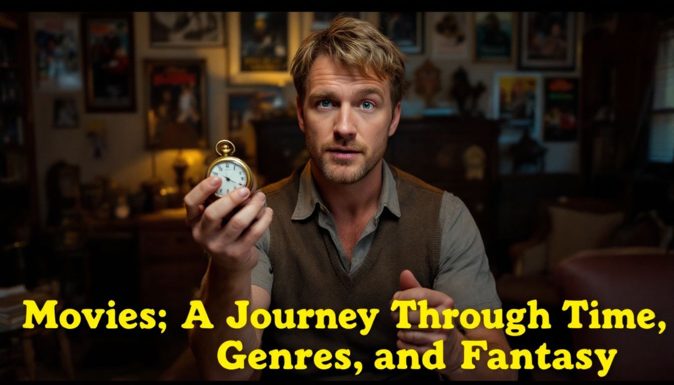 A man holds an antique pocket watch in a room filled with vintage movie posters.