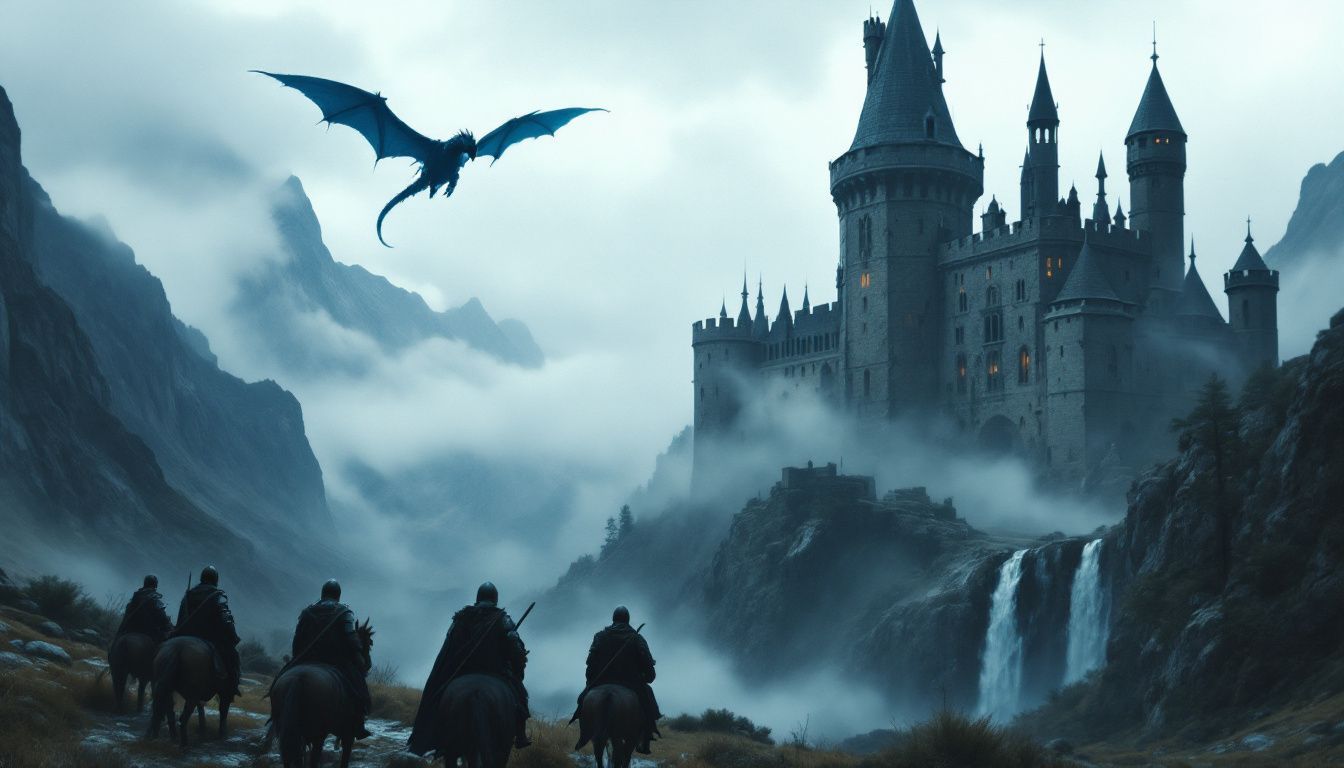 A group of knights on horseback face a dragon near a castle.