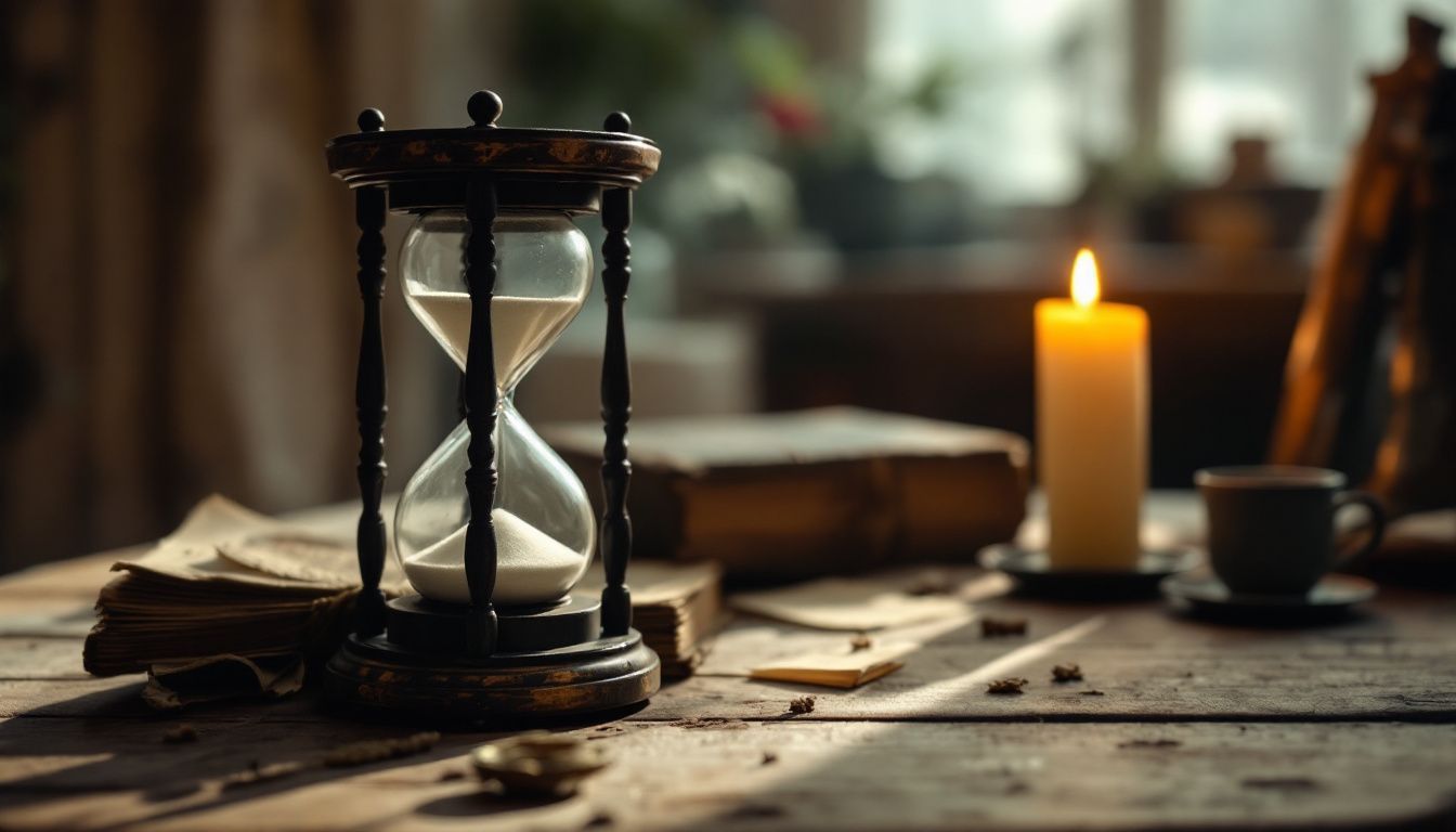 Vintage hourglass on a weathered table surrounded by old books and candle.