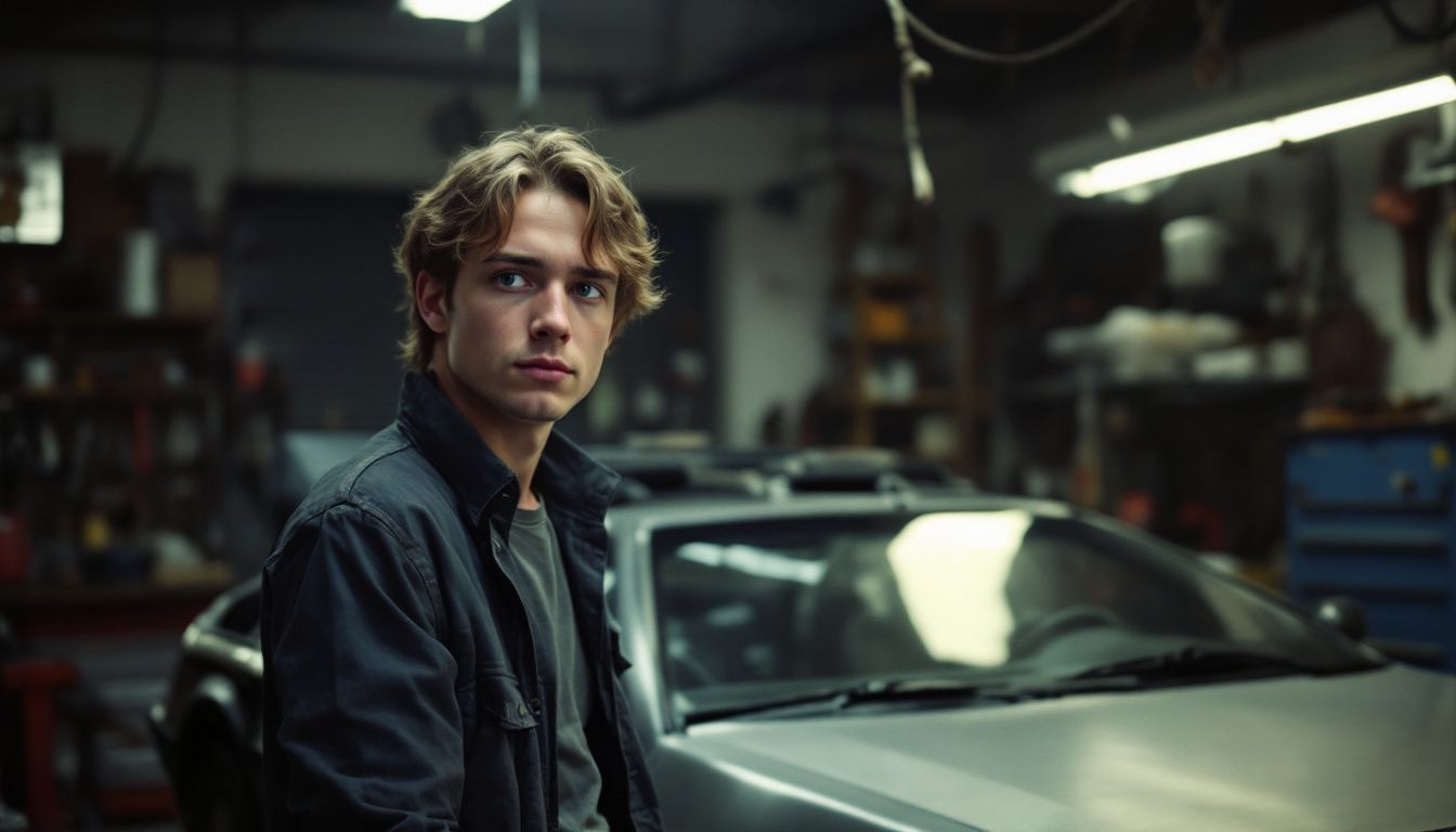 A young man stands next to a vintage DeLorean car in a garage.