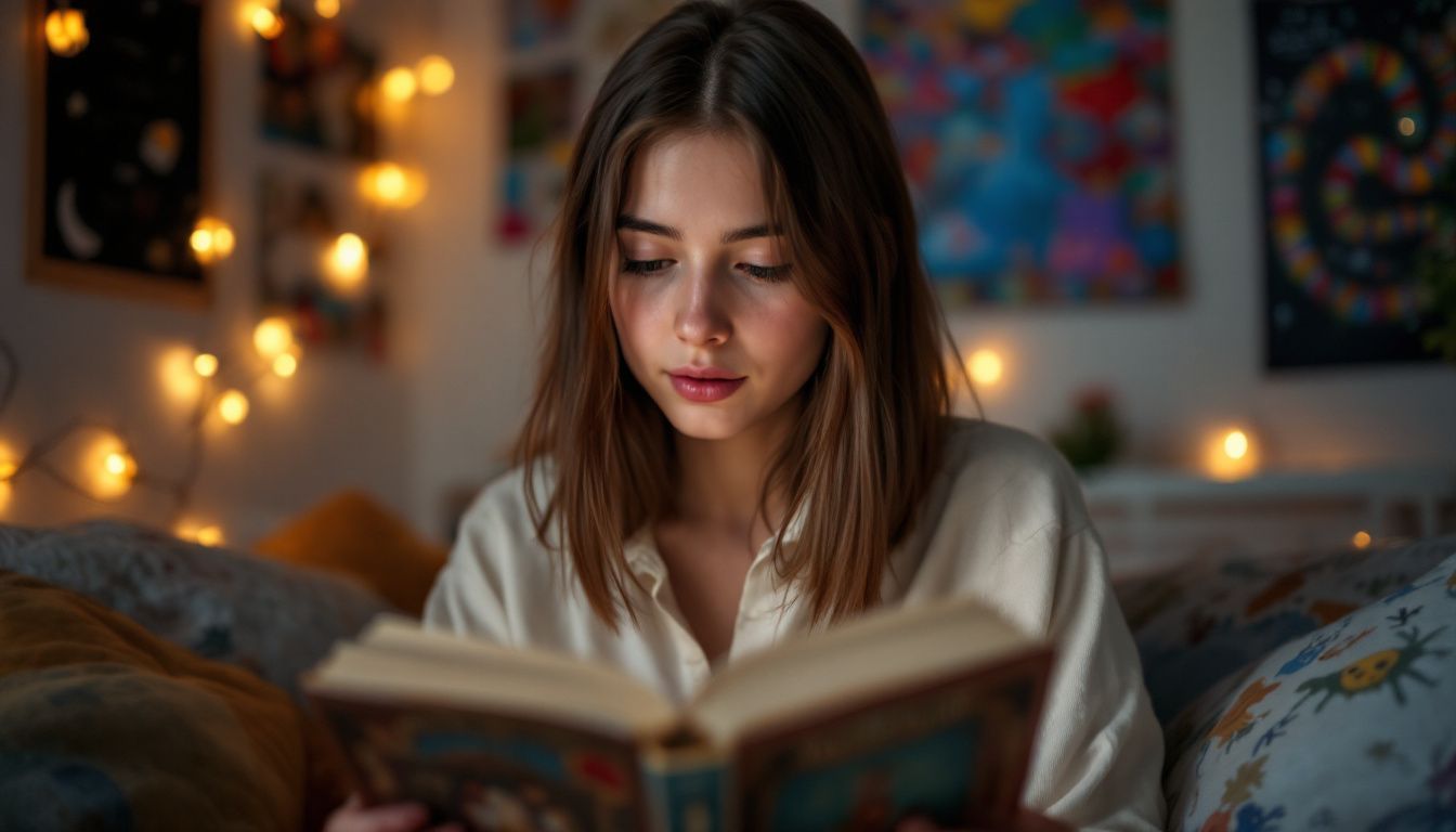 A teenage girl engrossed in a fantasy novel in a cozy room.
