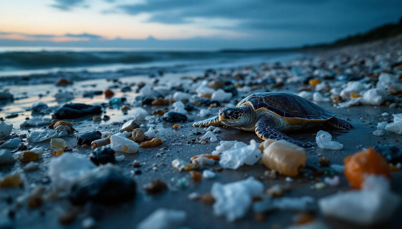 A sea turtle navigating through plastic debris on a littered beach.