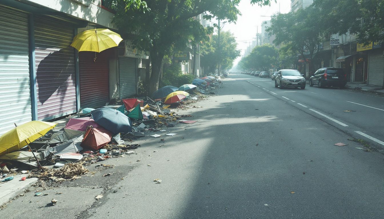 A deserted city street shows aftermath of a storm during heatwave.