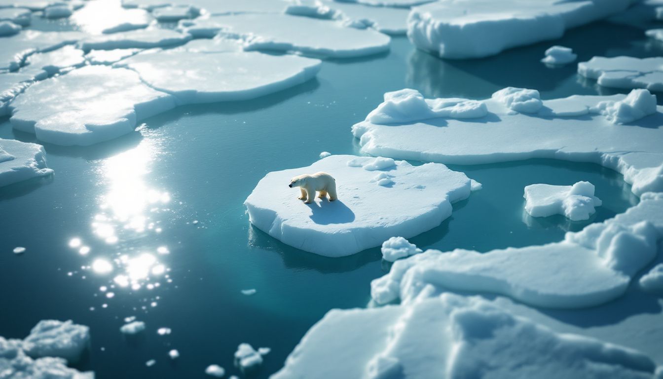 A solitary polar bear stands on a melting iceberg, highlighting climate change.