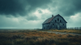 An old barn standing alone on a coastal farm during a powerful storm.