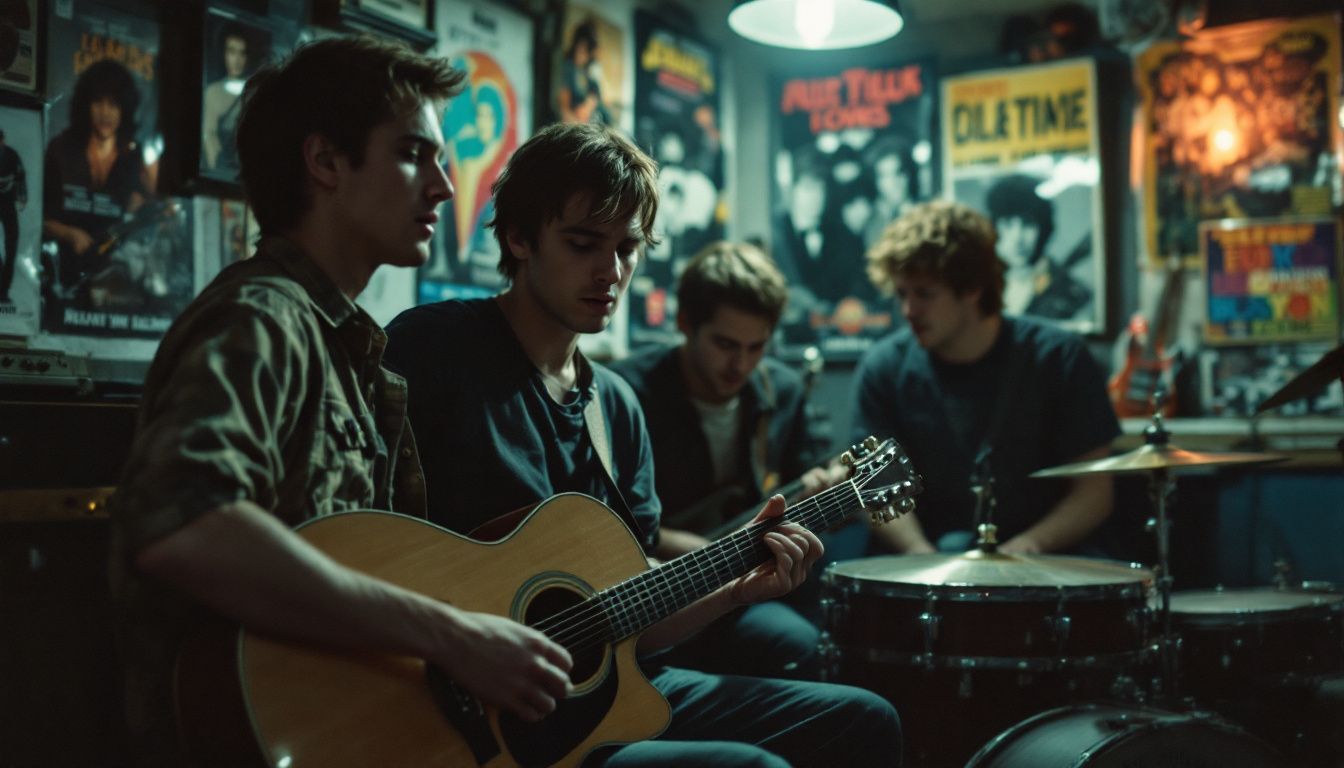 A group of young musicians playing in a vintage garage setting.