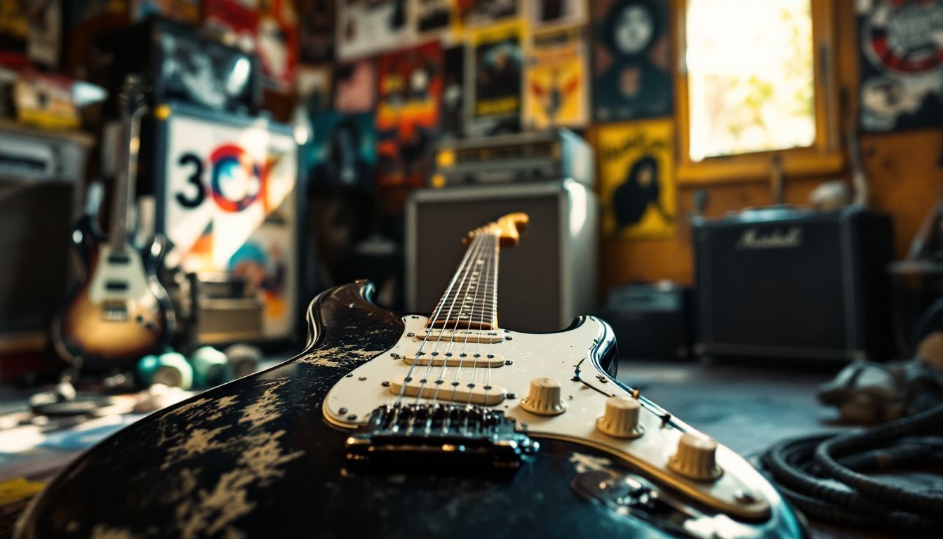 A vintage electric guitar in a music-filled garage.