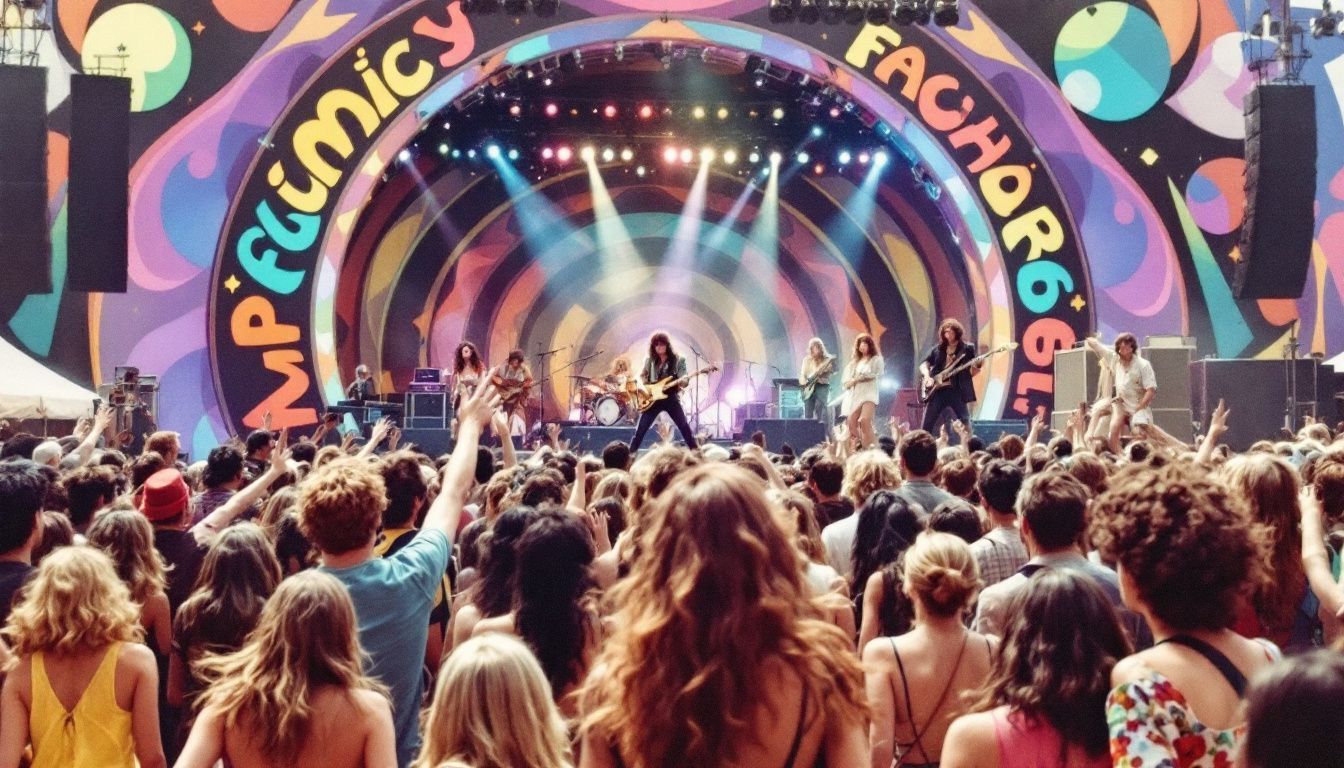 A lively music festival with a psychedelic rock band and diverse fans.