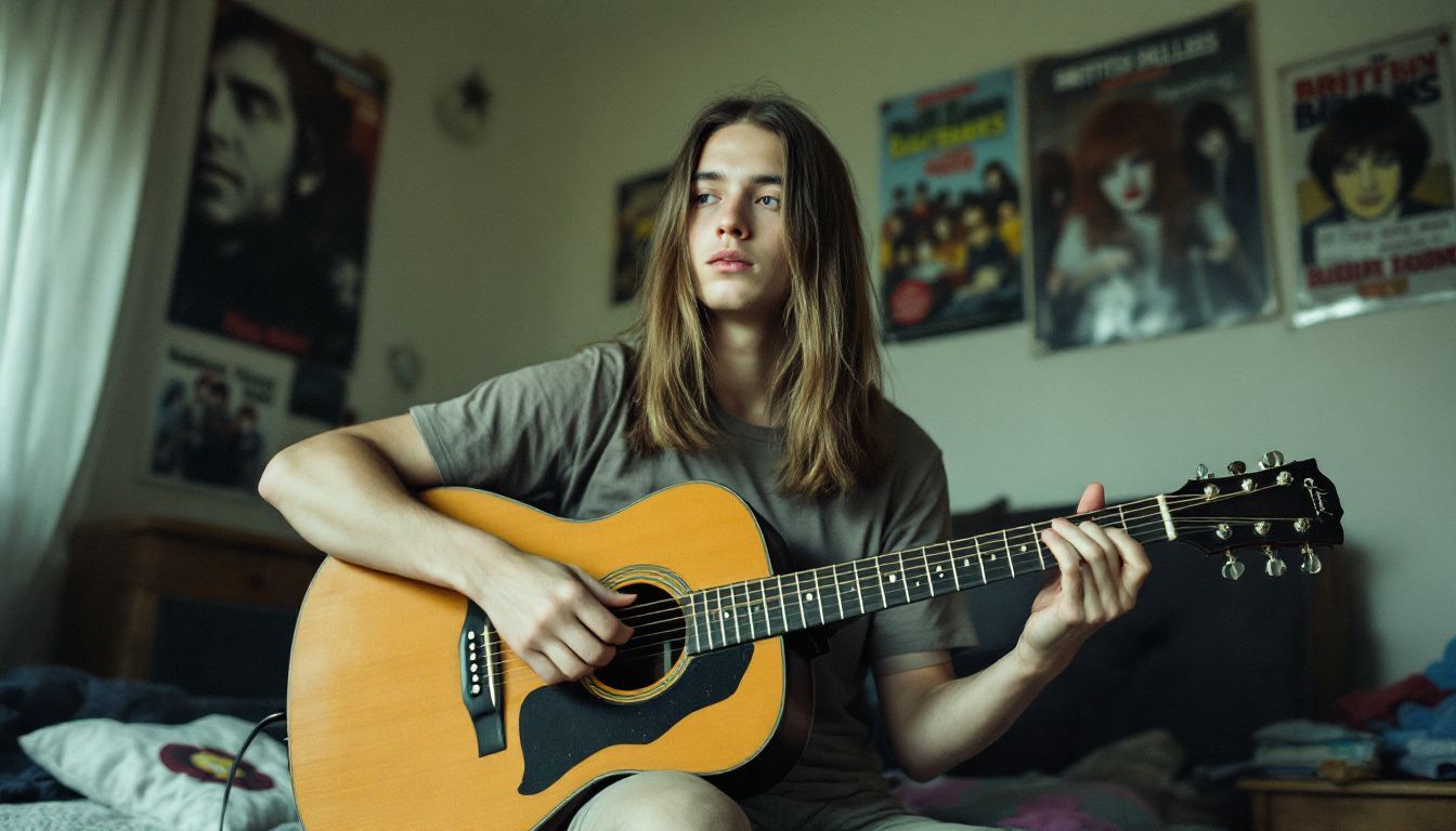 An American teenager plays a guitar in his music-filled bedroom.