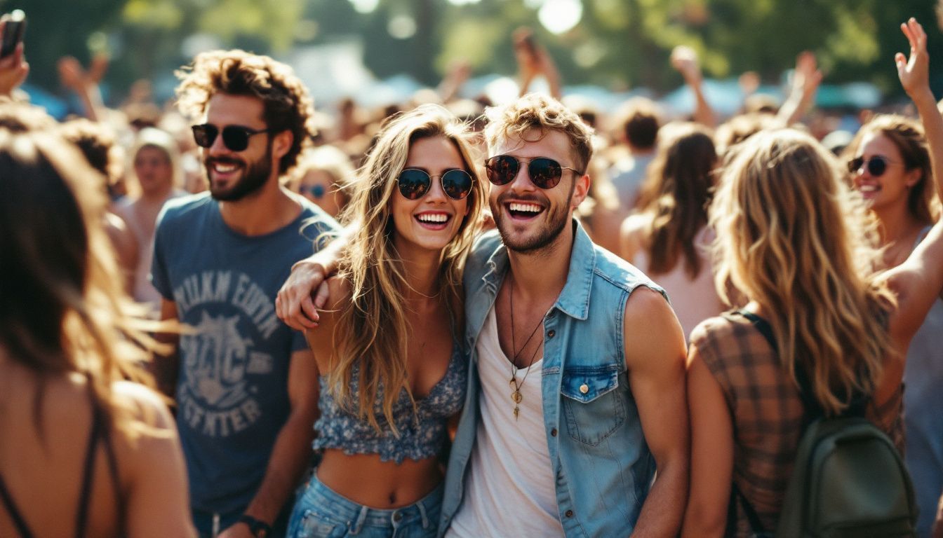A group of young people enjoying a rock music festival outdoors.