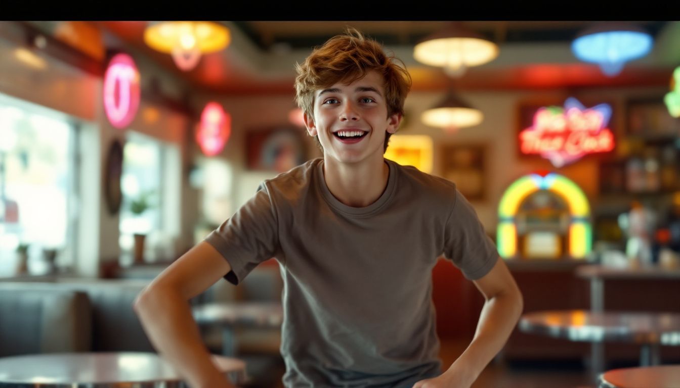 Teenage boy energetically dancing in a retro 1950s diner.